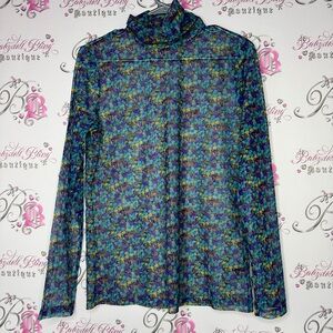 Tristan turtleneck mesh floral purple blue yellow stretchy top long sleeve sexy